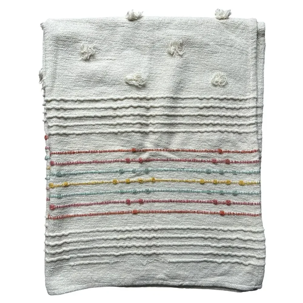 Max Studio Home Textured Throw Blanket 46x58 Boho Cream Pom Pom Stripe